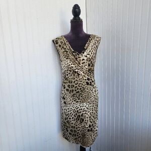 Vince Camuto Leopard Print Sleeveless Ruched Dress Stretch Tan Brown Sz S